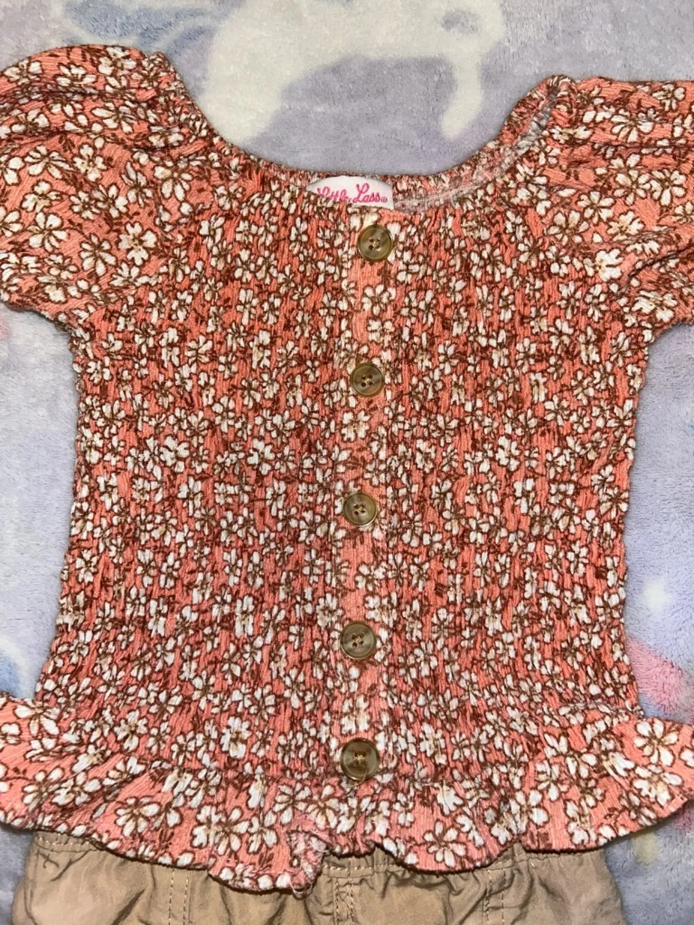 Little Lass Pink Floral Smocked Top and Tan Pants Set - Picture 2 of 4